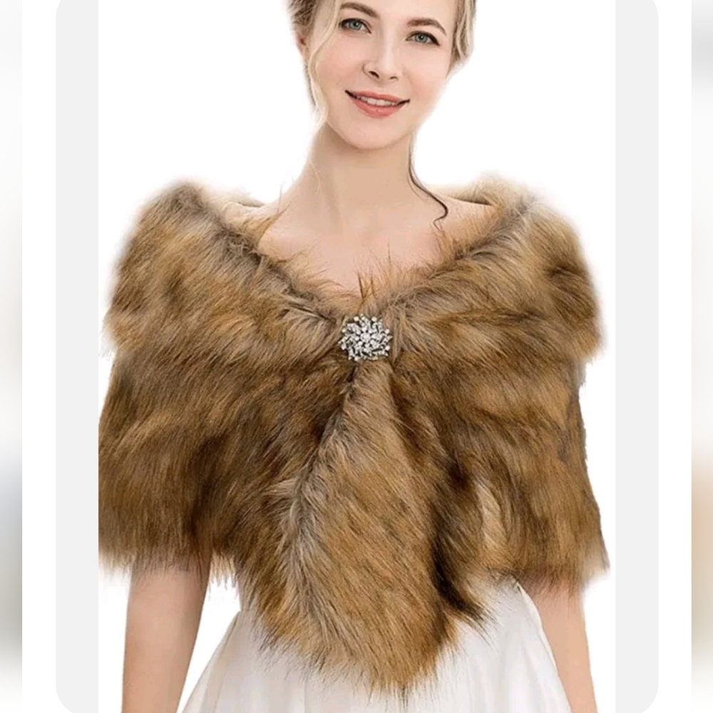New! AUKMLA Women's Brown Faux Fur Shawl Bridal Wedding Fur Wrap / Shawl